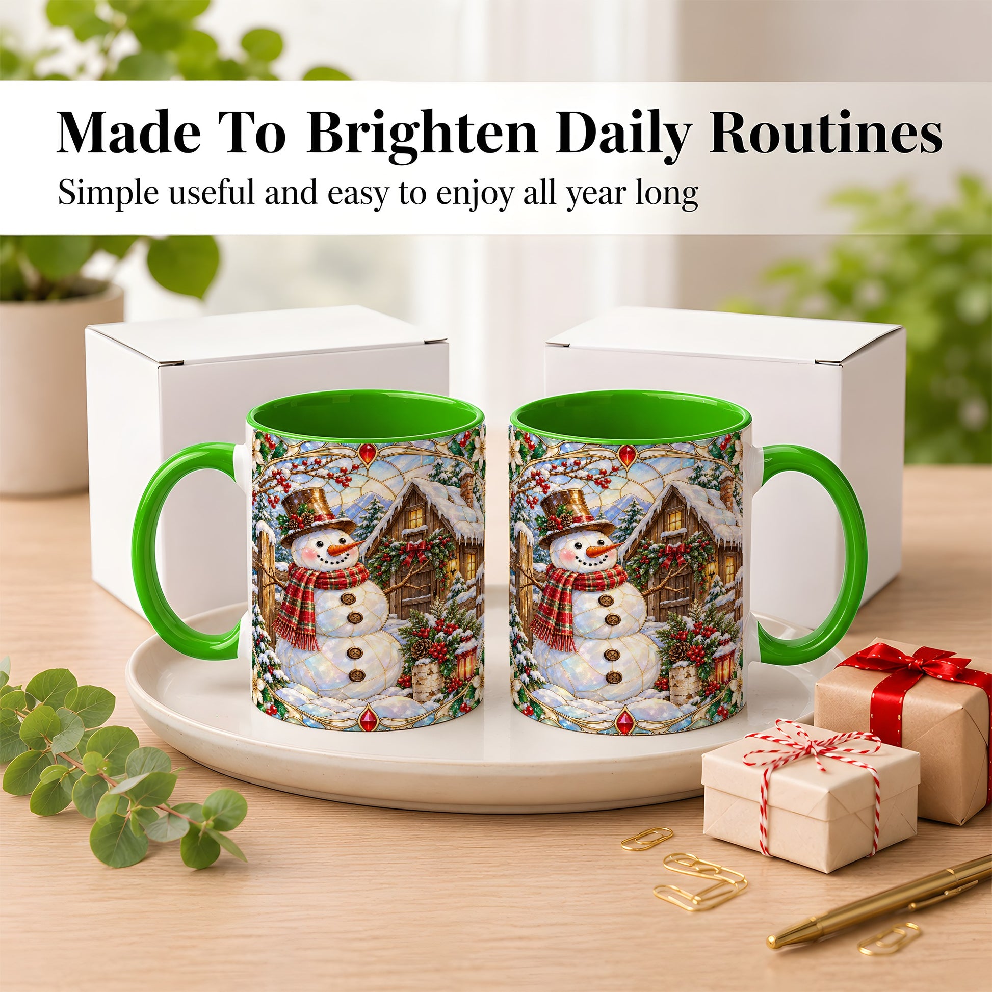 #pl[11oz|Green] Stained Glass Snowman Coffee Mug, Winter Cabin Mug, Ceramic Cup