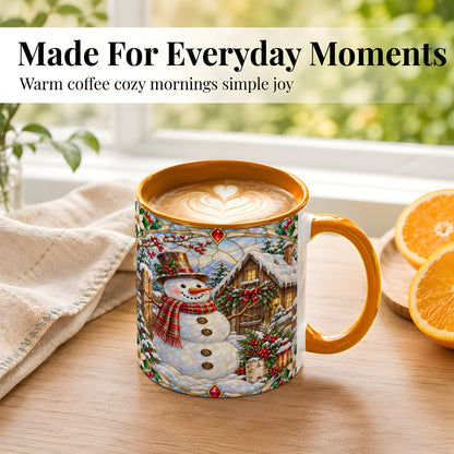 #pl[11oz|Orange] Stained Glass Snowman Coffee Mug, Winter Cabin Mug, Ceramic Cup