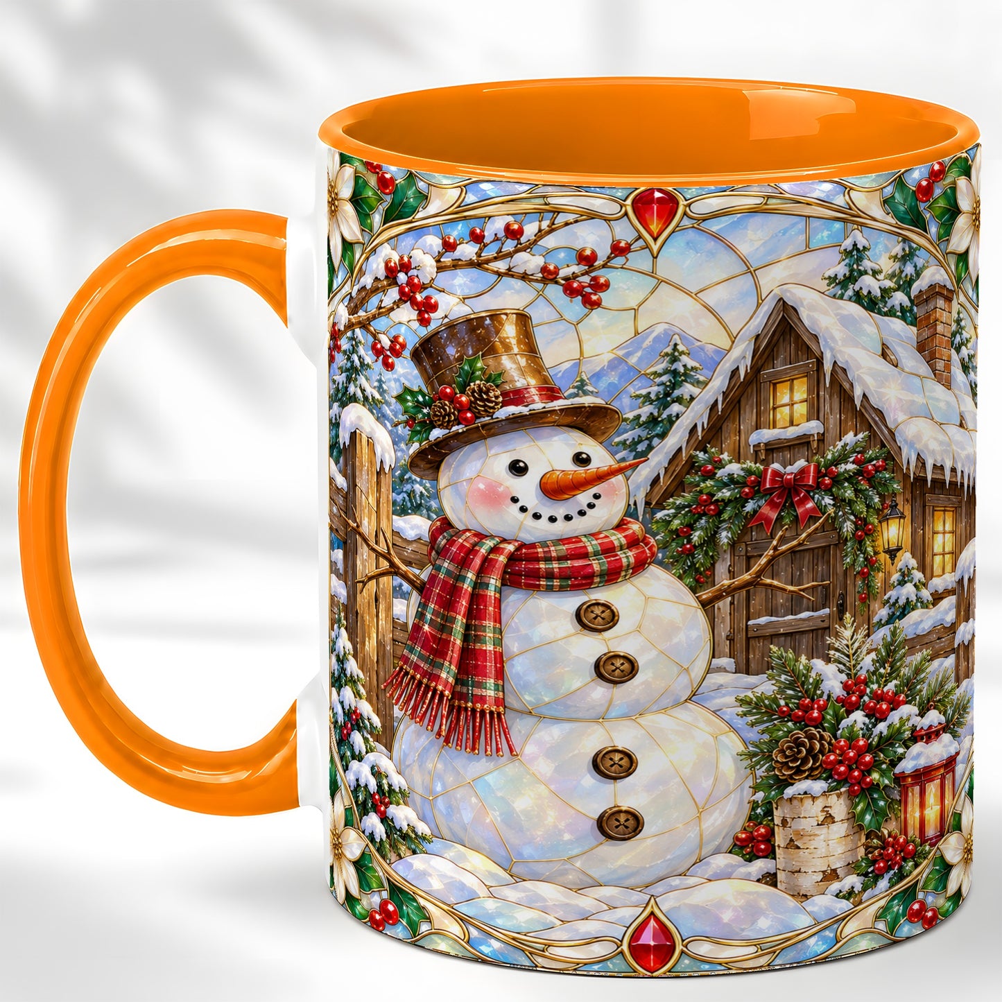 #pl[11oz|Orange] Stained Glass Snowman Coffee Mug, Winter Cabin Mug, Ceramic Cup