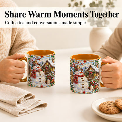 #pl[11oz|Orange] Stained Glass Snowman Coffee Mug, Winter Cabin Mug, Ceramic Cup