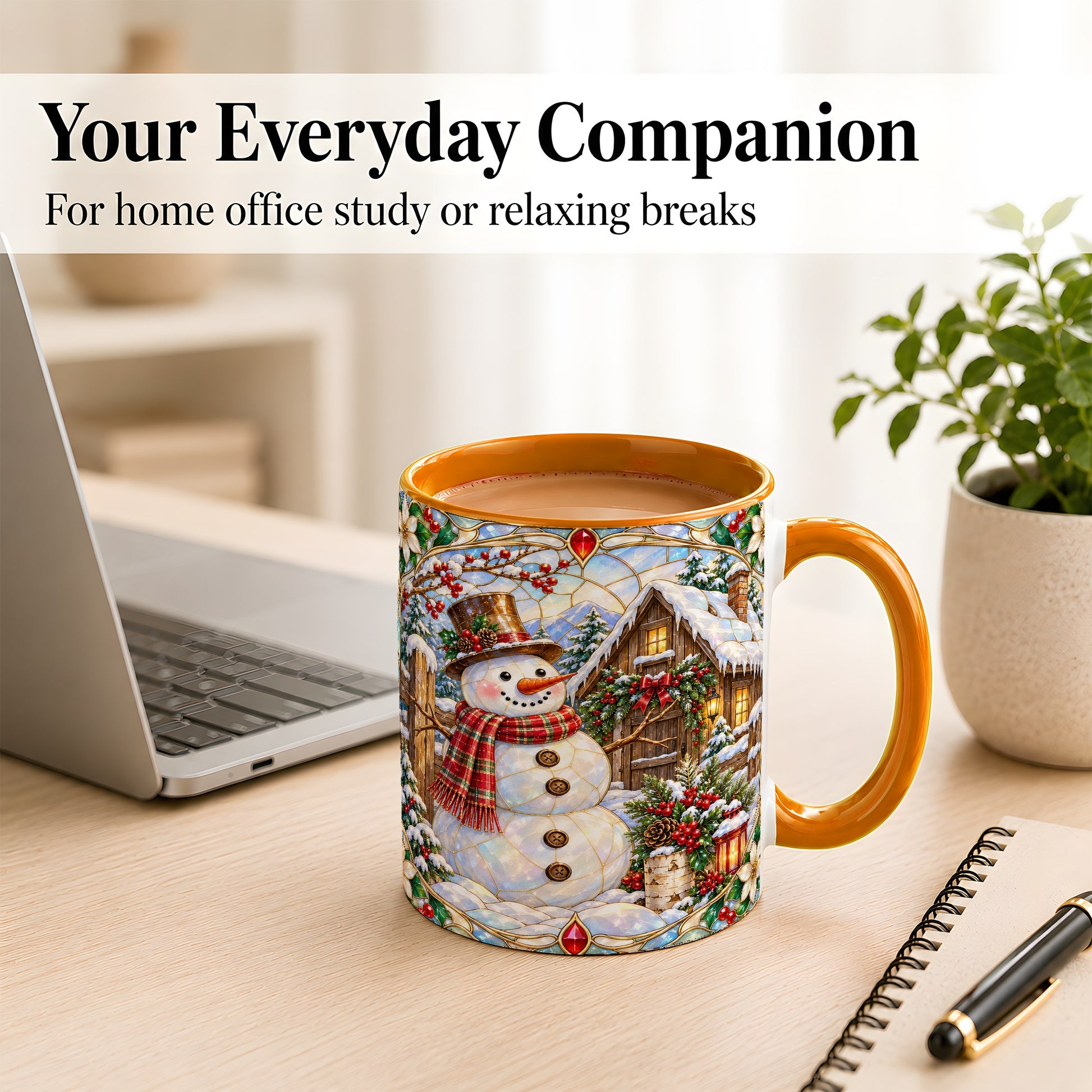 #pl[11oz|Orange] Stained Glass Snowman Coffee Mug, Winter Cabin Mug, Ceramic Cup