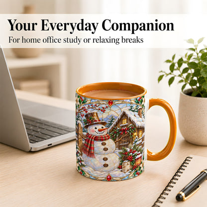 #pl[11oz|Orange] Stained Glass Snowman Coffee Mug, Winter Cabin Mug, Ceramic Cup