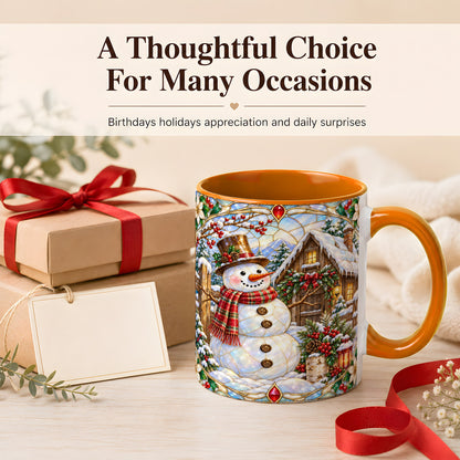 #pl[11oz|Orange] Stained Glass Snowman Coffee Mug, Winter Cabin Mug, Ceramic Cup