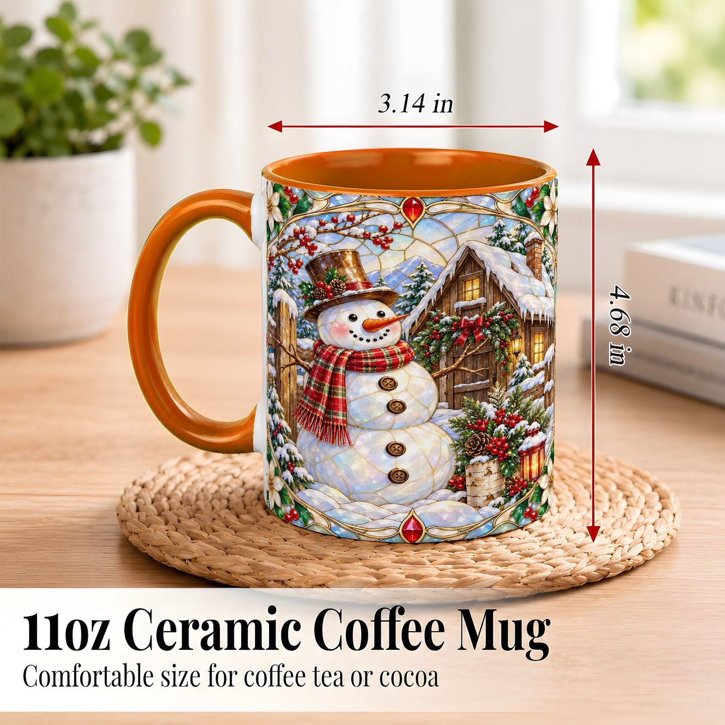 #pl[11oz|Orange] Stained Glass Snowman Coffee Mug, Winter Cabin Mug, Ceramic Cup