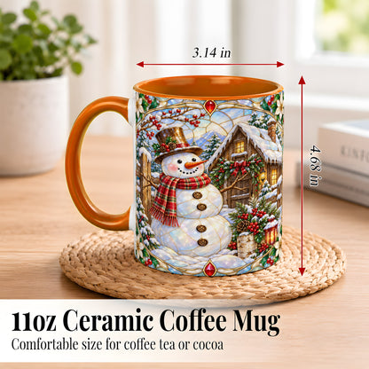 #pl[11oz|Orange] Stained Glass Snowman Coffee Mug, Winter Cabin Mug, Ceramic Cup