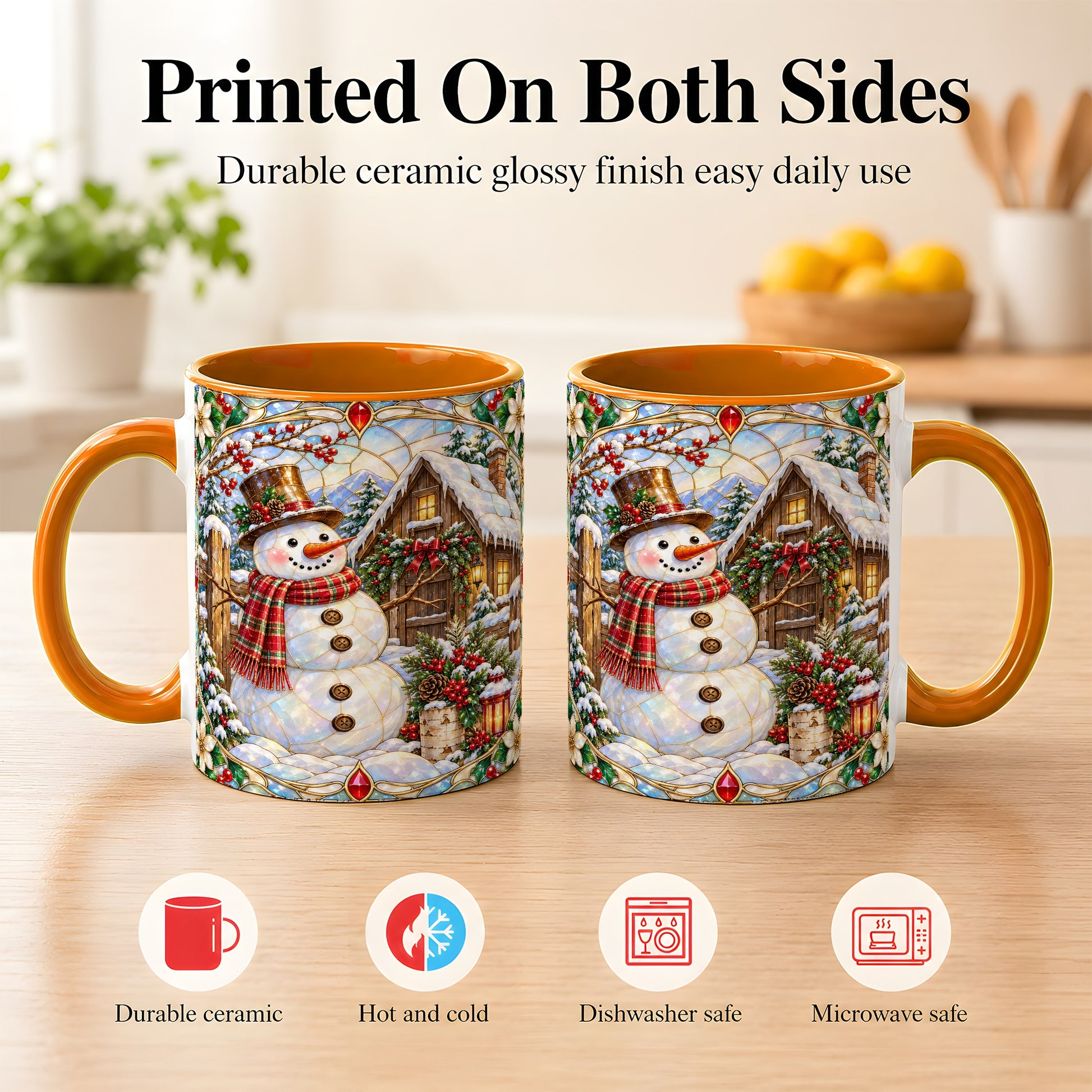 #pl[11oz|Orange] Stained Glass Snowman Coffee Mug, Winter Cabin Mug, Ceramic Cup