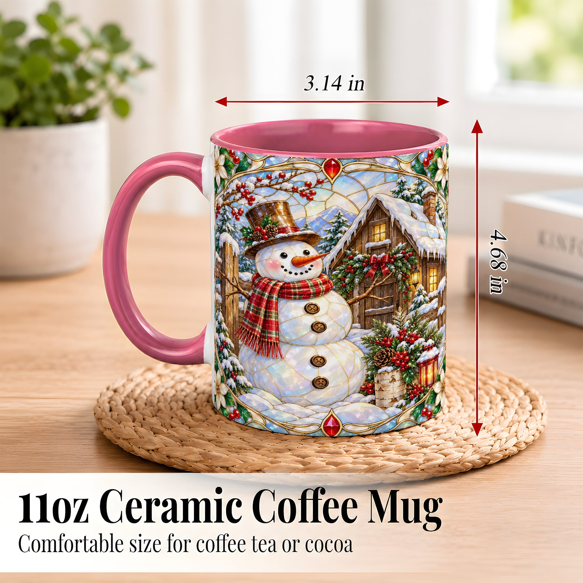 #pl[11oz|Pink] Stained Glass Snowman Coffee Mug, Winter Cabin Mug, Ceramic Cup