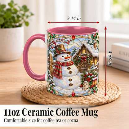#pl[11oz|Pink] Stained Glass Snowman Coffee Mug, Winter Cabin Mug, Ceramic Cup