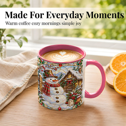 #pl[11oz|Pink] Stained Glass Snowman Coffee Mug, Winter Cabin Mug, Ceramic Cup