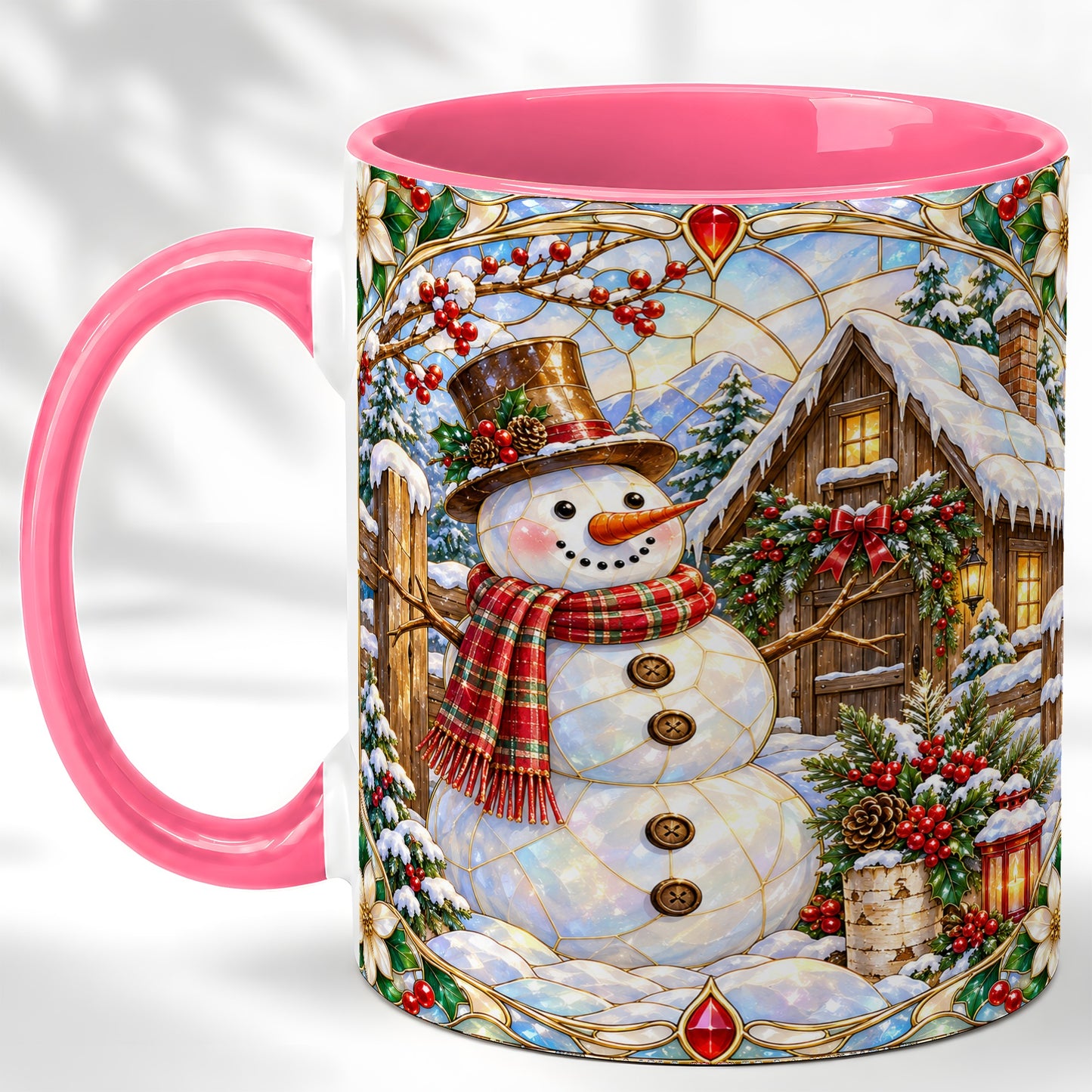 #pl[11oz|Pink] Stained Glass Snowman Coffee Mug, Winter Cabin Mug, Ceramic Cup