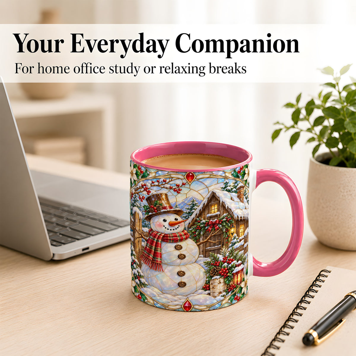#pl[11oz|Pink] Stained Glass Snowman Coffee Mug, Winter Cabin Mug, Ceramic Cup