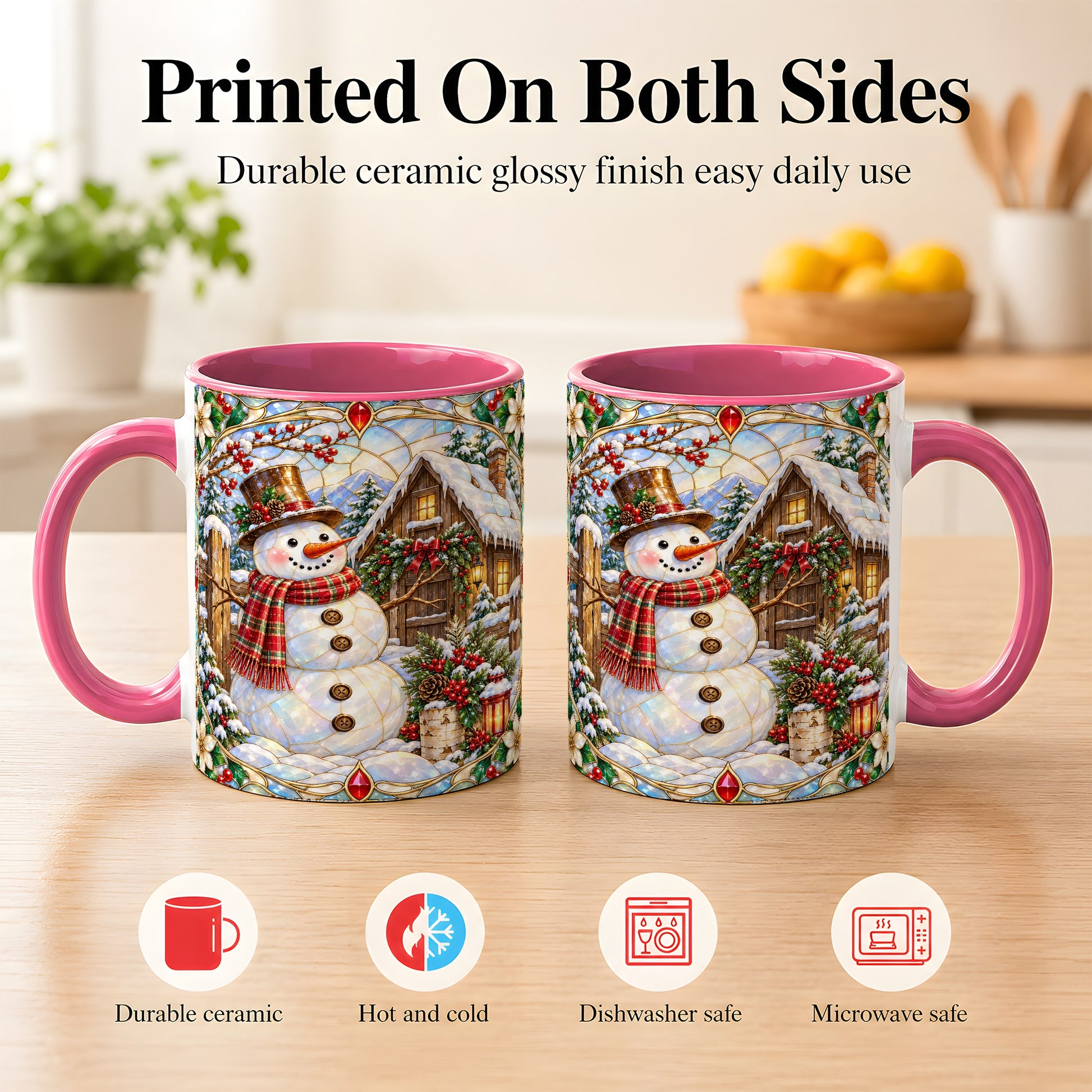 #pl[11oz|Pink] Stained Glass Snowman Coffee Mug, Winter Cabin Mug, Ceramic Cup