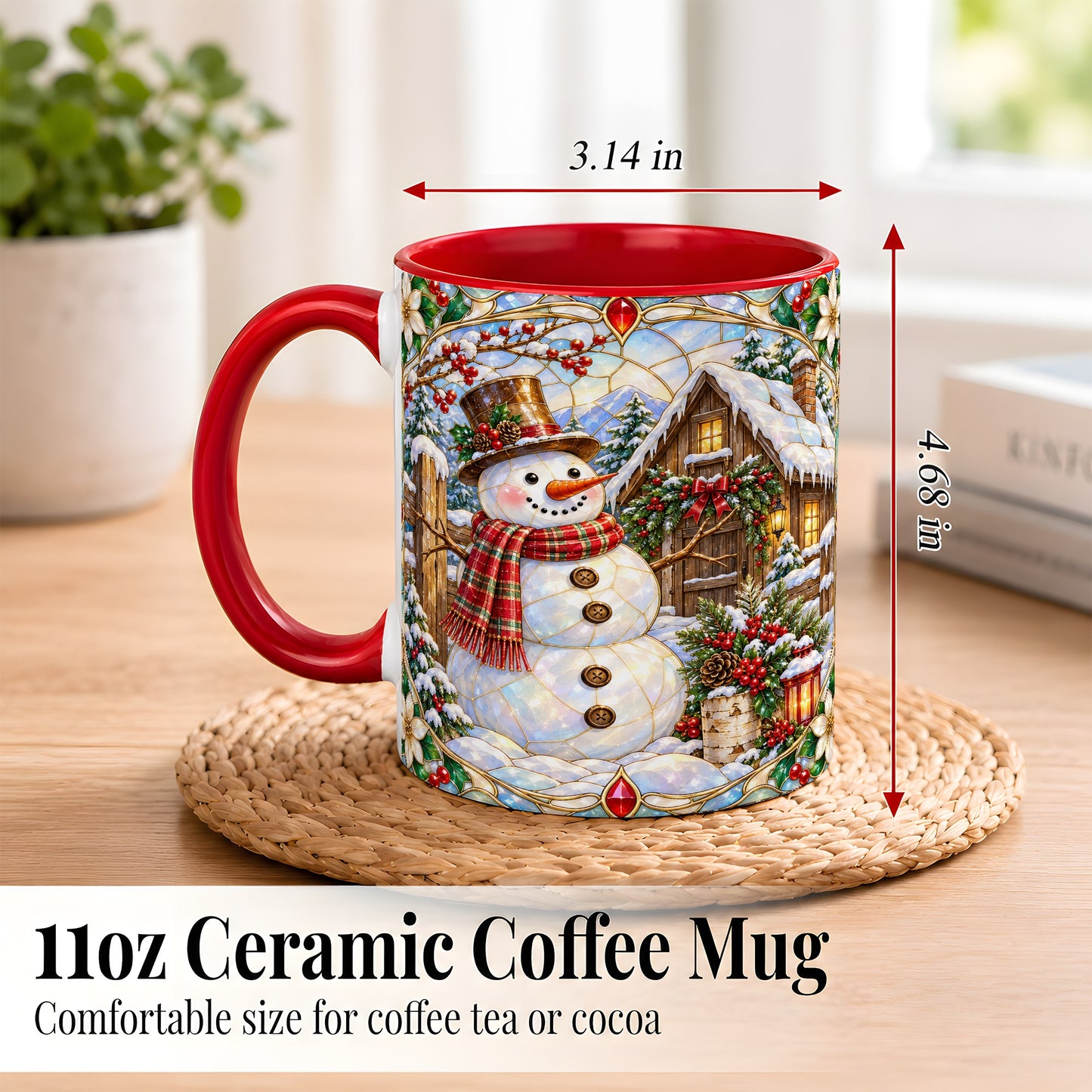 #pl[11oz|Red] Stained Glass Snowman Coffee Mug, Winter Cabin Mug, Ceramic Cup