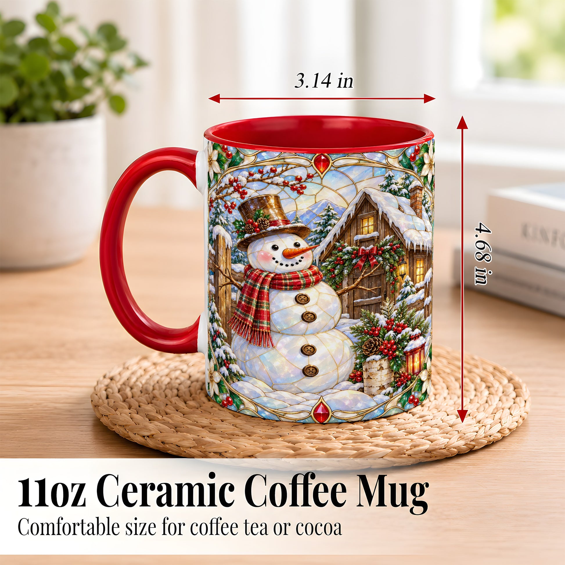 #pl[11oz|Red] Stained Glass Snowman Coffee Mug, Winter Cabin Mug, Ceramic Cup