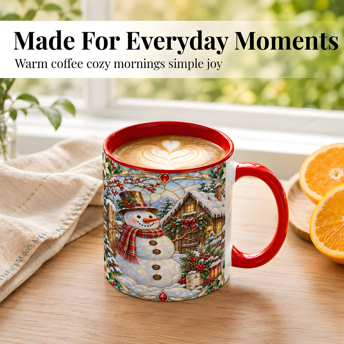 #pl[11oz|Red] Stained Glass Snowman Coffee Mug, Winter Cabin Mug, Ceramic Cup