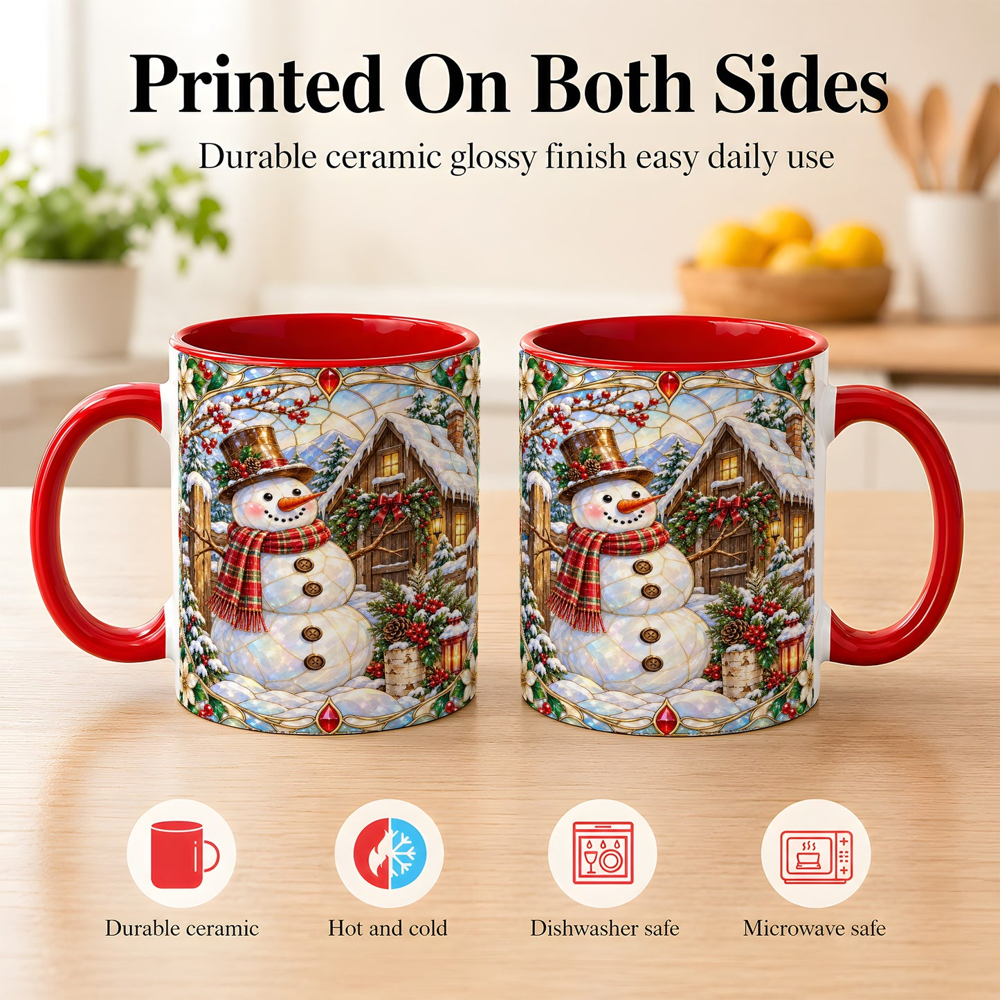 #pl[11oz|Red] Stained Glass Snowman Coffee Mug, Winter Cabin Mug, Ceramic Cup