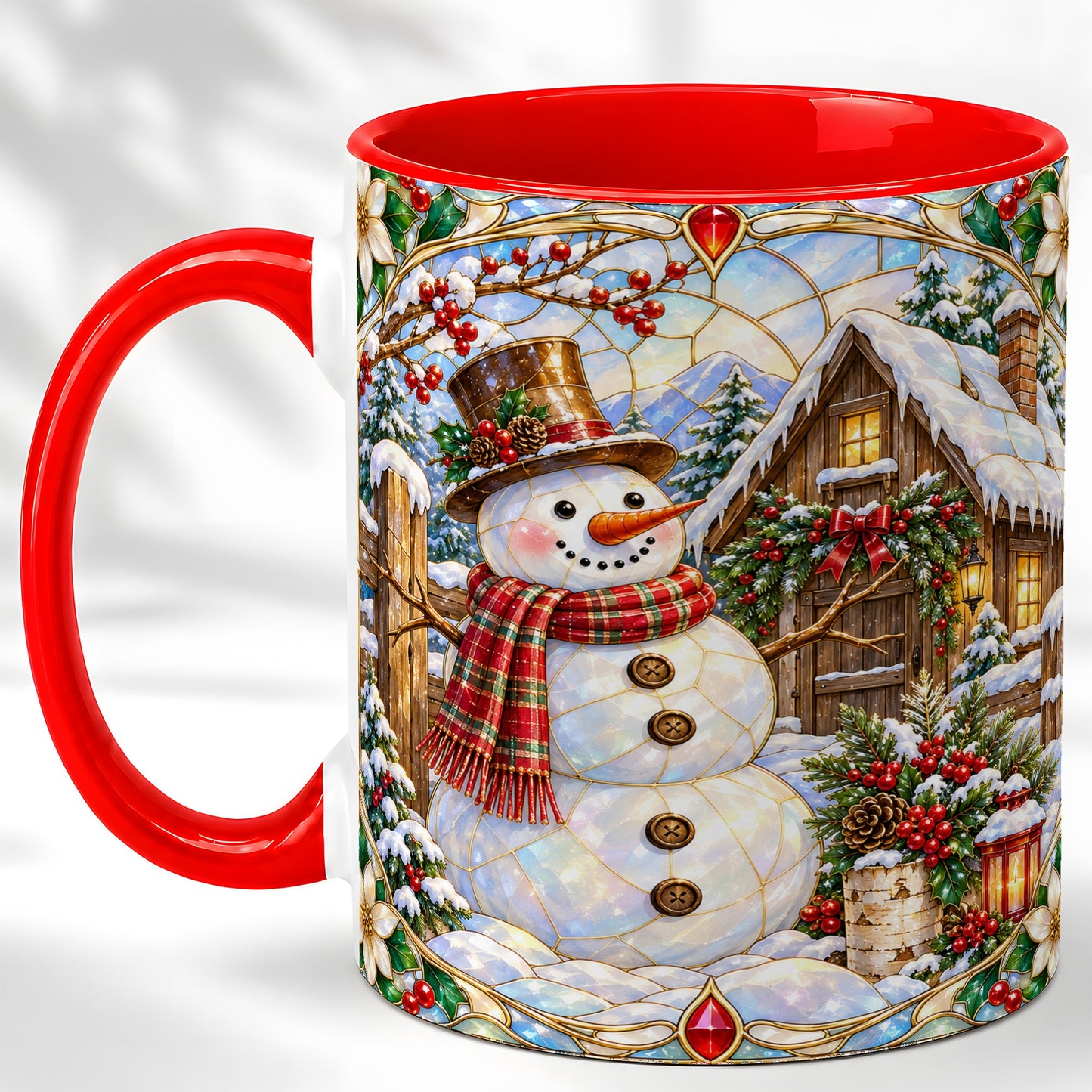 Stained Glass Snowman Coffee Mug, Winter Cabin Mug, Ceramic Cup