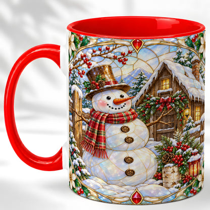 Stained Glass Snowman Coffee Mug, Winter Cabin Mug, Ceramic Cup