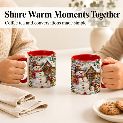 #pl[11oz|Red] Stained Glass Snowman Coffee Mug, Winter Cabin Mug, Ceramic Cup