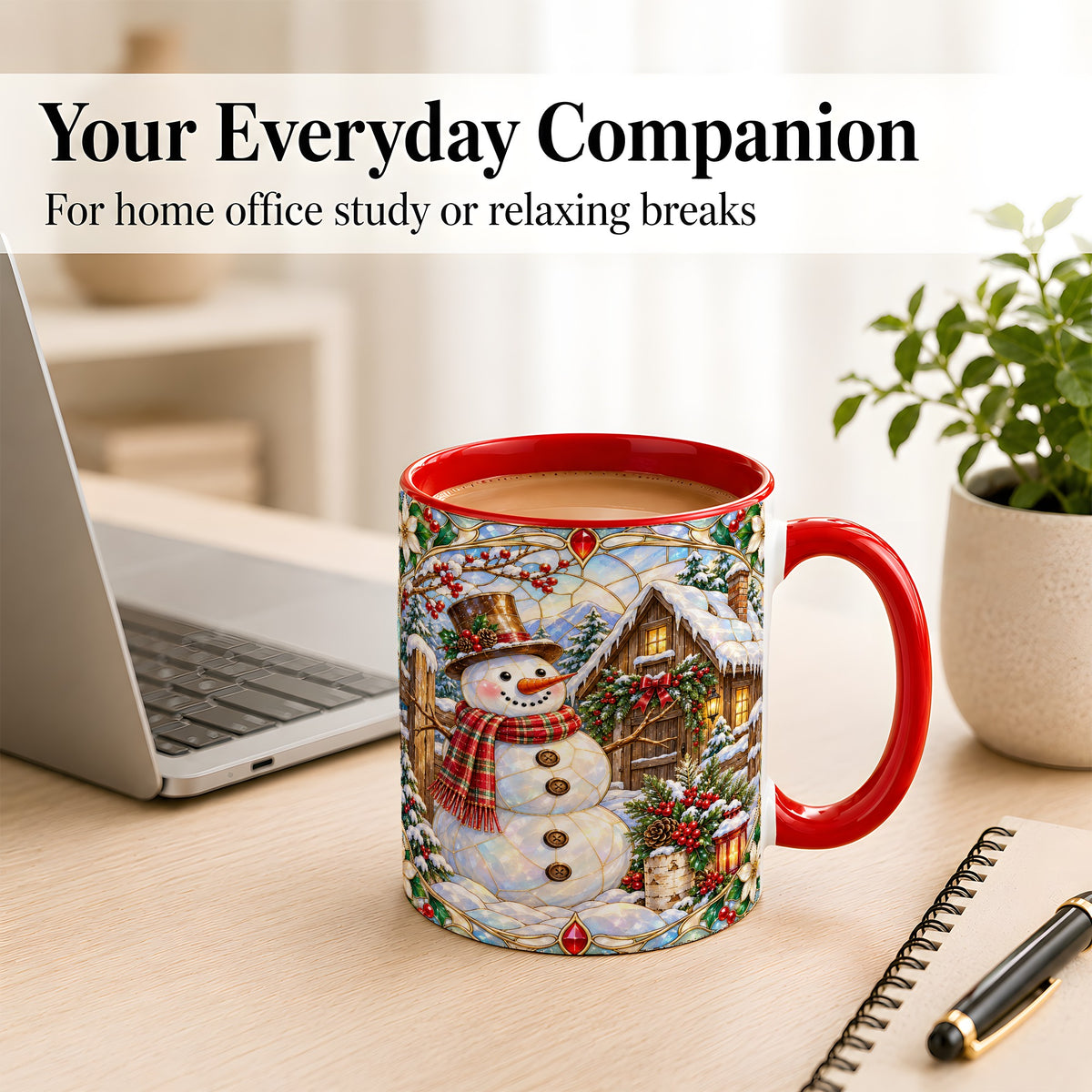 #pl[11oz|Red] Stained Glass Snowman Coffee Mug, Winter Cabin Mug, Ceramic Cup