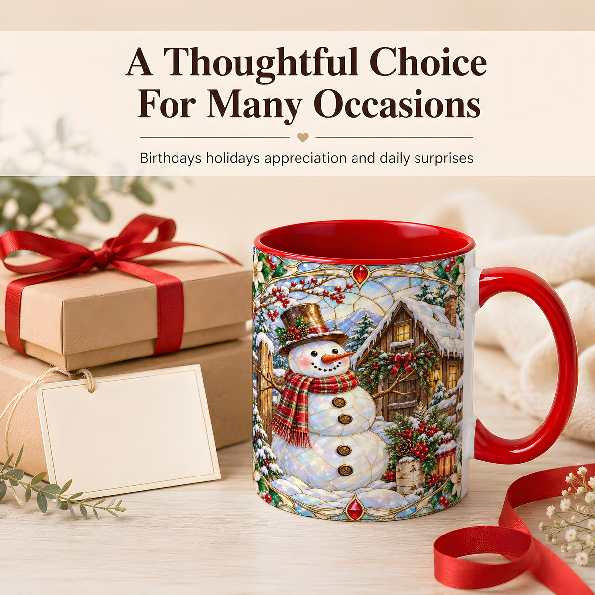 #pl[11oz|Red] Stained Glass Snowman Coffee Mug, Winter Cabin Mug, Ceramic Cup