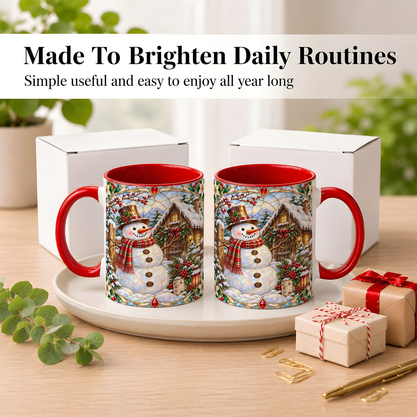 #pl[11oz|Red] Stained Glass Snowman Coffee Mug, Winter Cabin Mug, Ceramic Cup