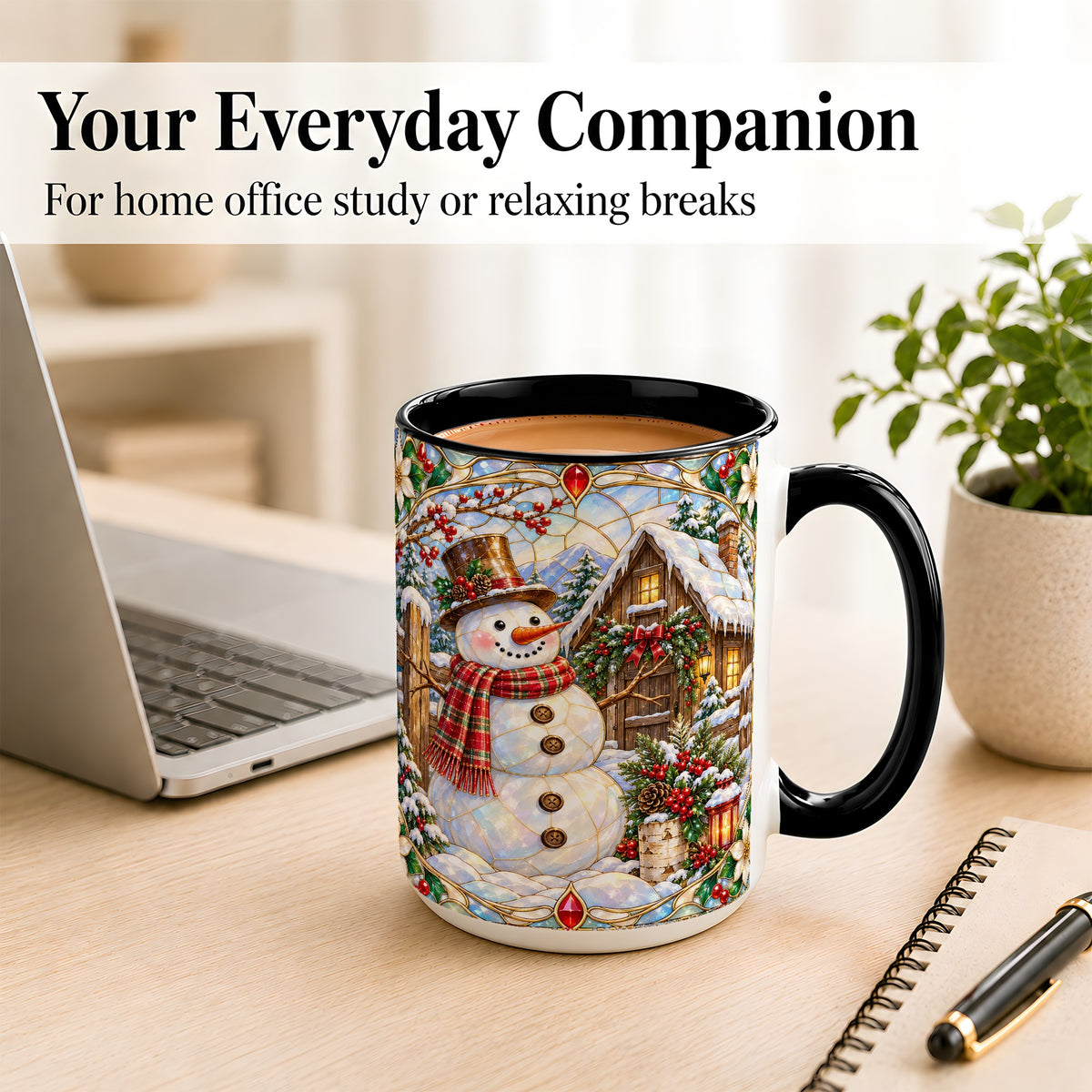 #pl[15oz|Black] Stained Glass Snowman Coffee Mug, Winter Cabin Mug, Ceramic Cup