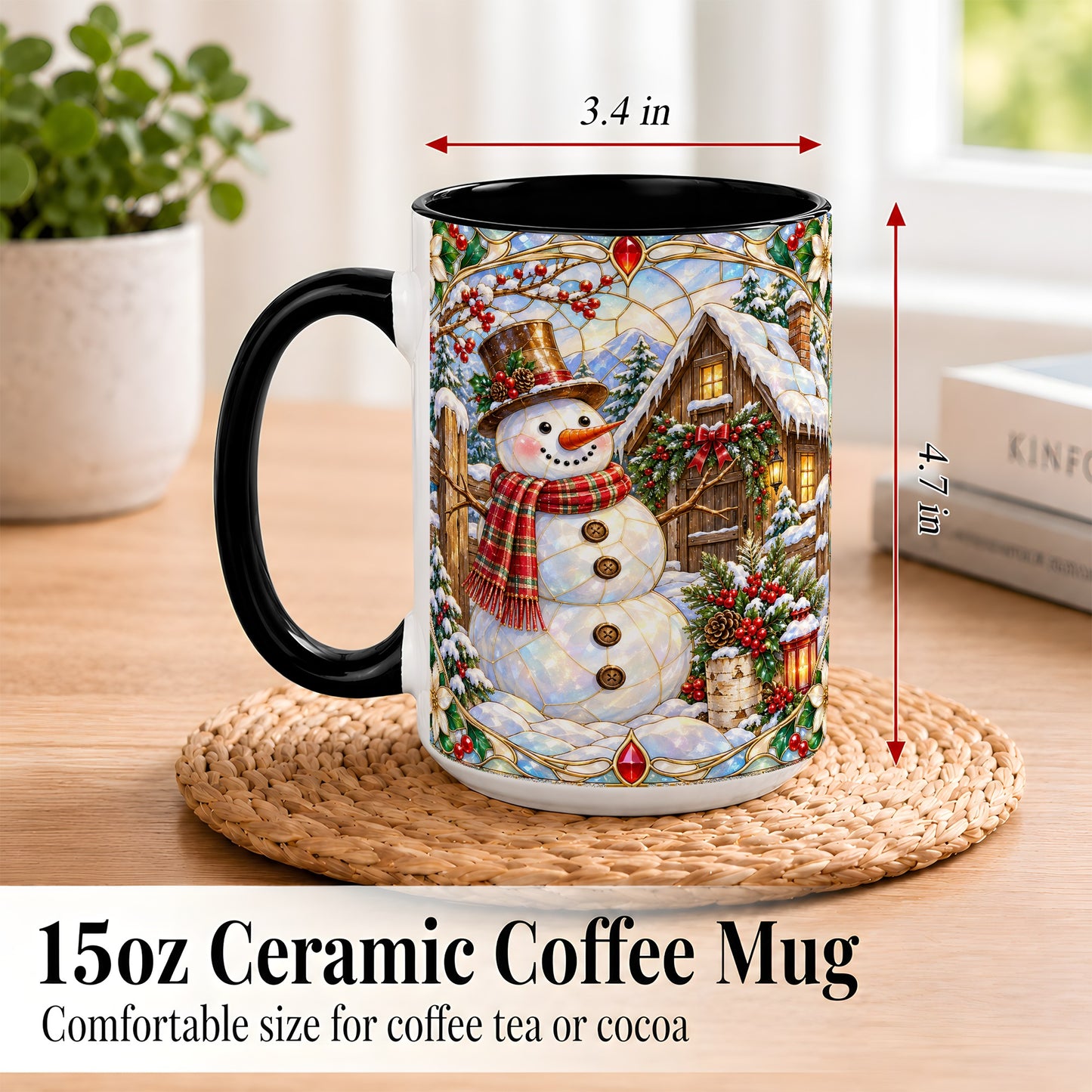 #pl[15oz|Black] Stained Glass Snowman Coffee Mug, Winter Cabin Mug, Ceramic Cup
