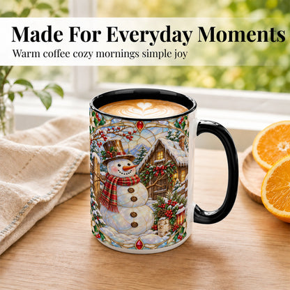 #pl[15oz|Black] Stained Glass Snowman Coffee Mug, Winter Cabin Mug, Ceramic Cup