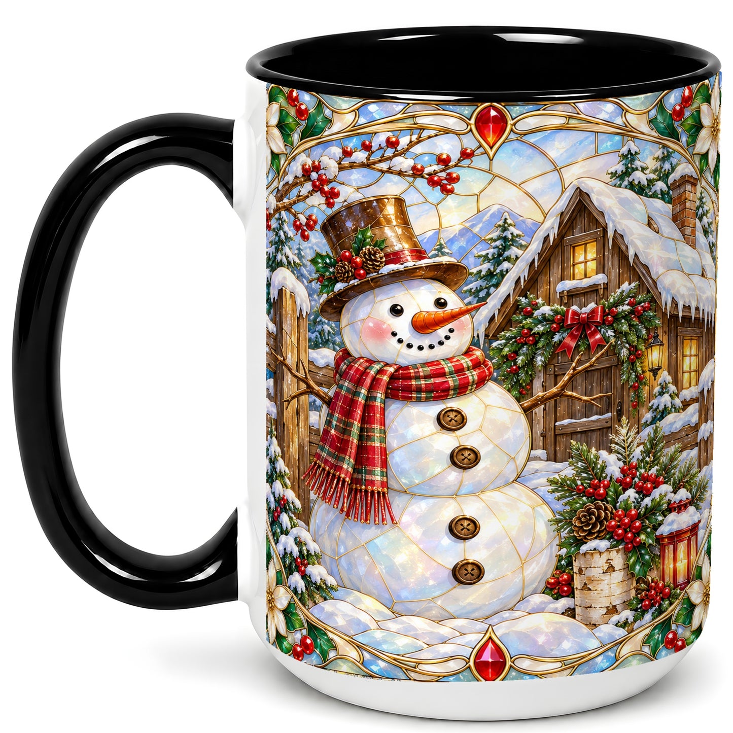 #pl[15oz|Black] Stained Glass Snowman Coffee Mug, Winter Cabin Mug, Ceramic Cup