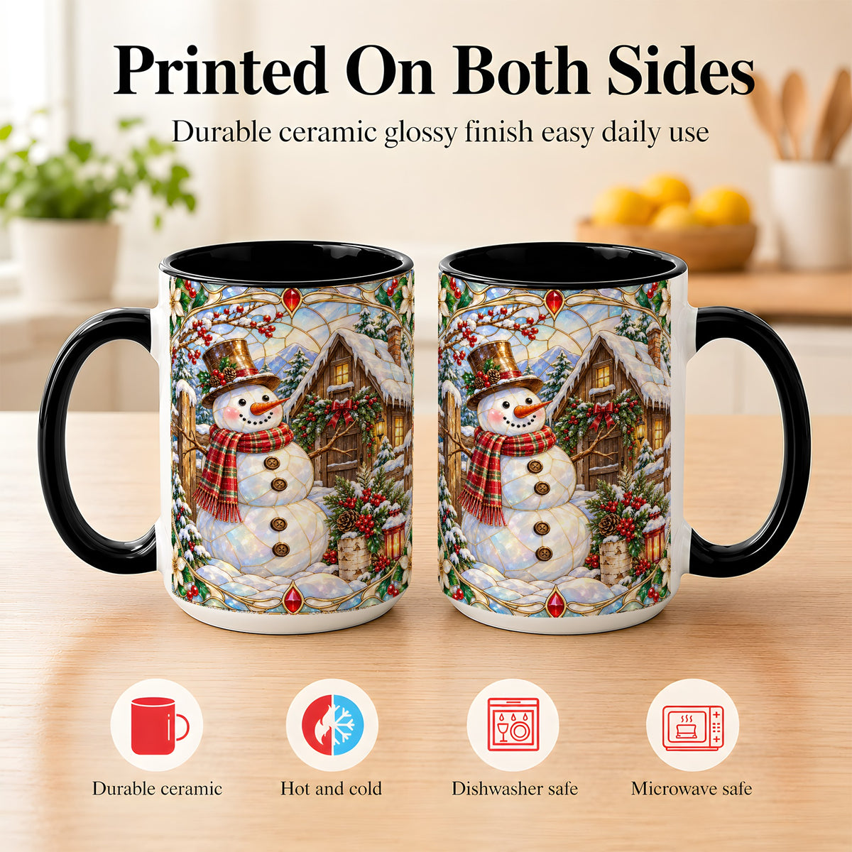 #pl[15oz|Black] Stained Glass Snowman Coffee Mug, Winter Cabin Mug, Ceramic Cup