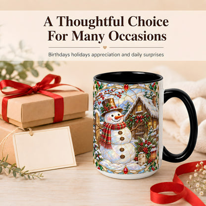 #pl[15oz|Black] Stained Glass Snowman Coffee Mug, Winter Cabin Mug, Ceramic Cup
