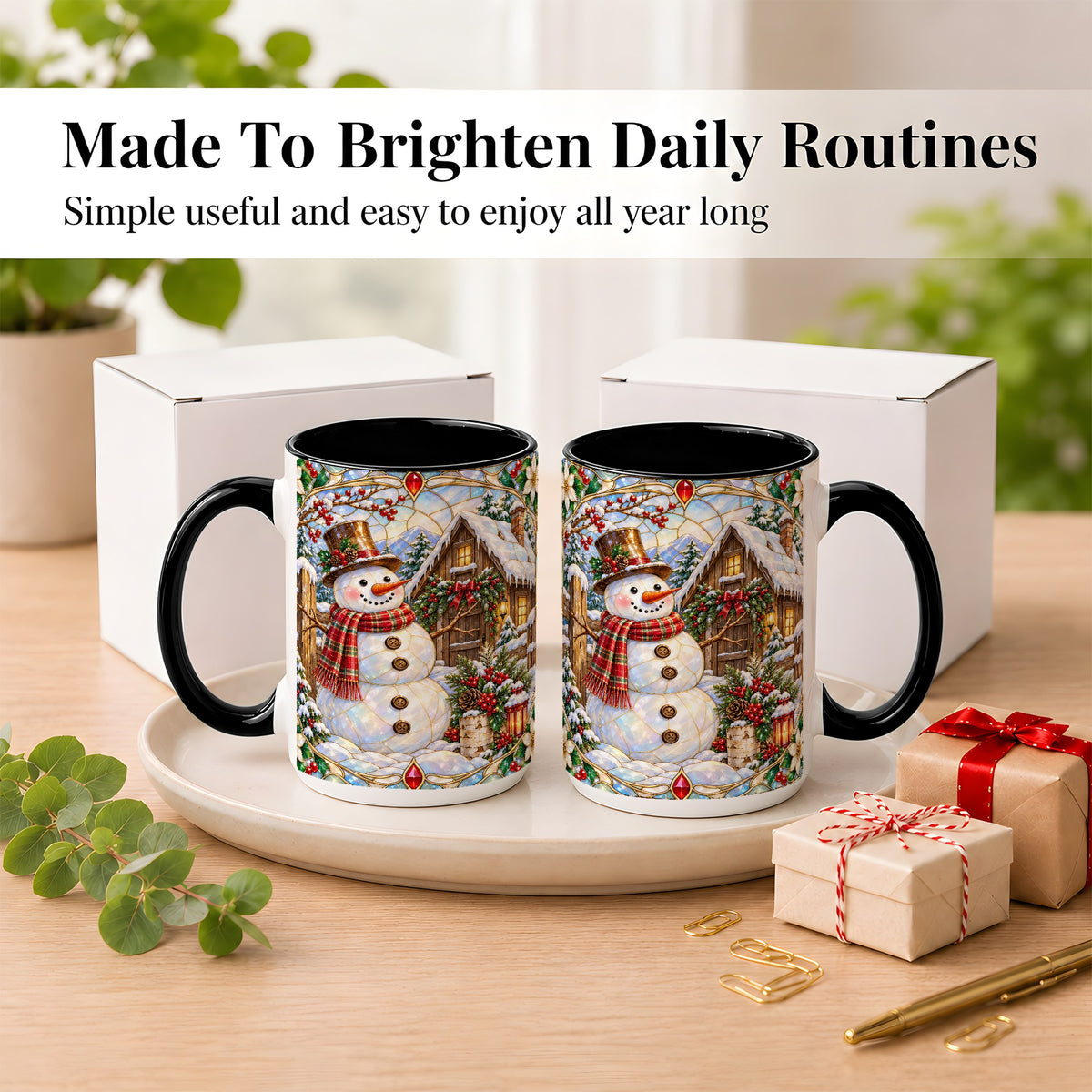 #pl[15oz|Black] Stained Glass Snowman Coffee Mug, Winter Cabin Mug, Ceramic Cup