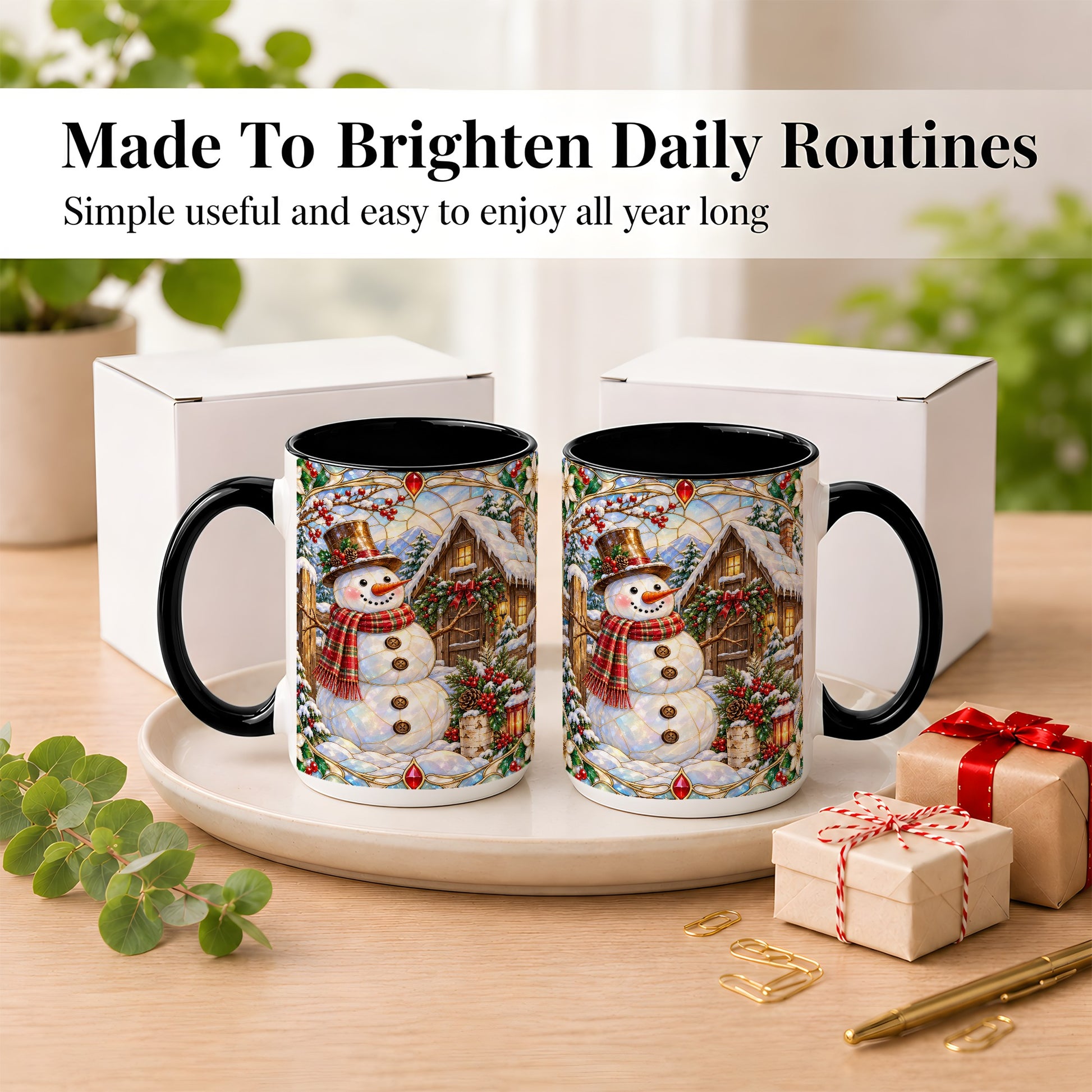 #pl[15oz|Black] Stained Glass Snowman Coffee Mug, Winter Cabin Mug, Ceramic Cup