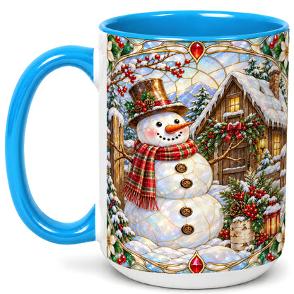 #pl[15oz|Blue] Stained Glass Snowman Coffee Mug, Winter Cabin Mug, Ceramic Cup