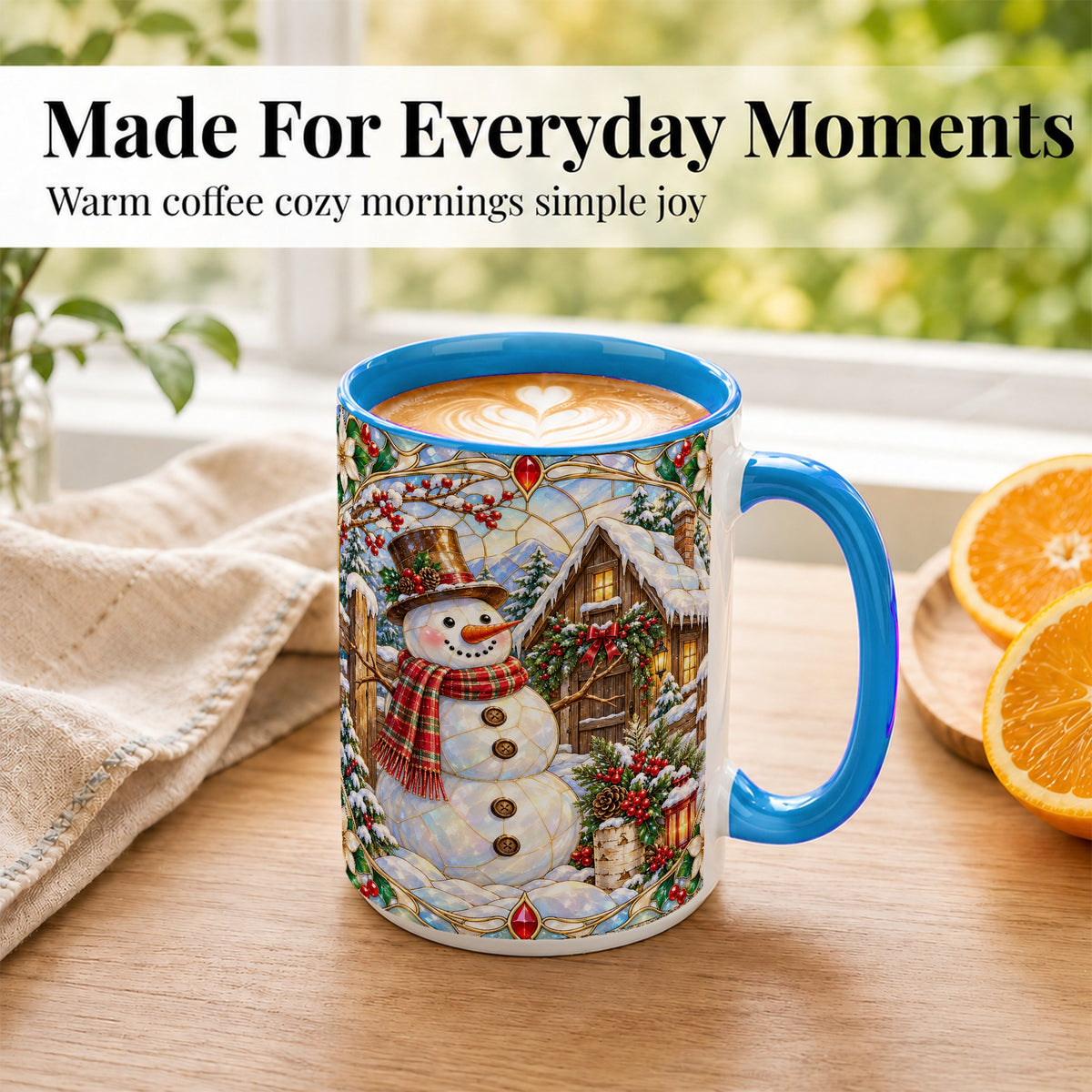 #pl[15oz|Blue] Stained Glass Snowman Coffee Mug, Winter Cabin Mug, Ceramic Cup
