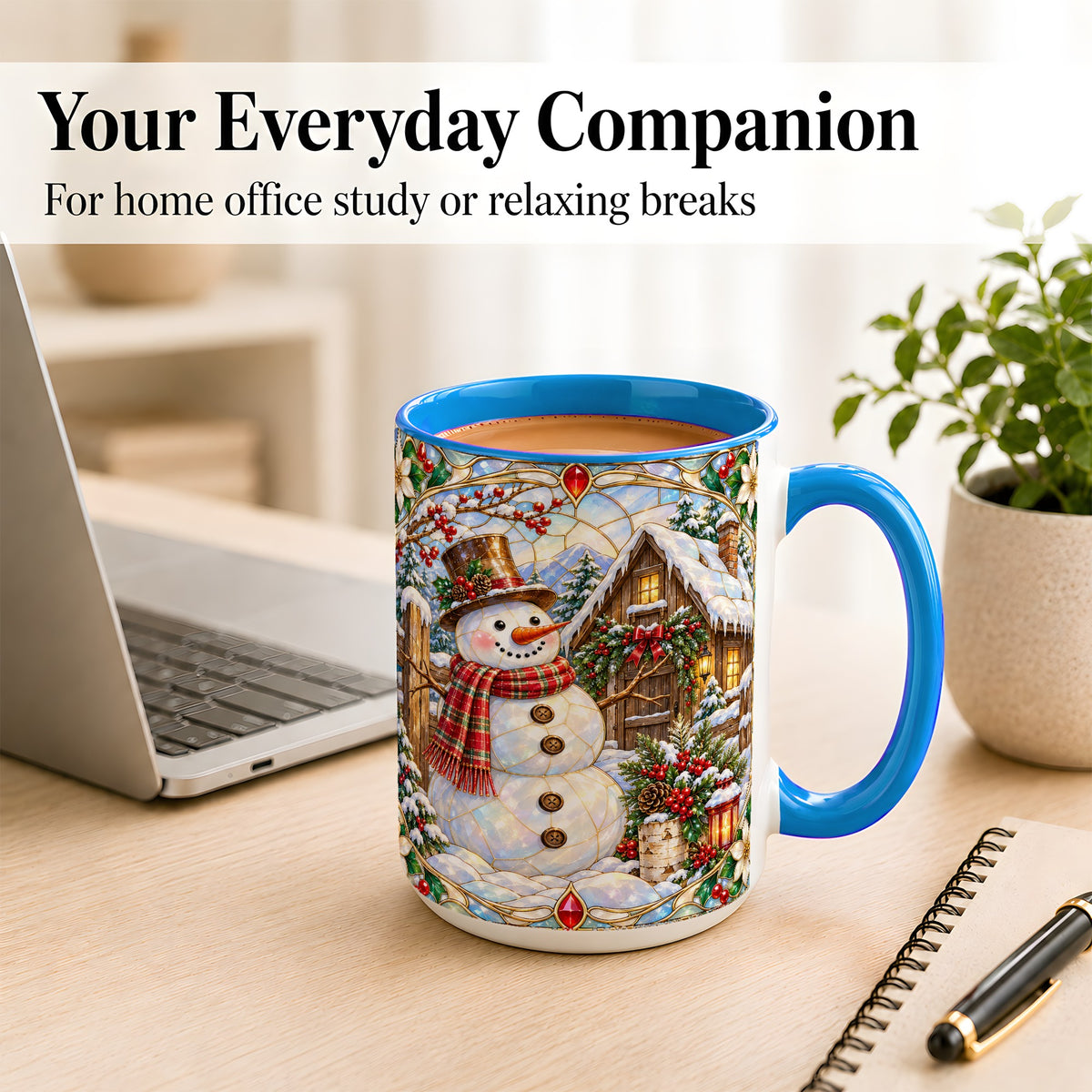 #pl[15oz|Blue] Stained Glass Snowman Coffee Mug, Winter Cabin Mug, Ceramic Cup