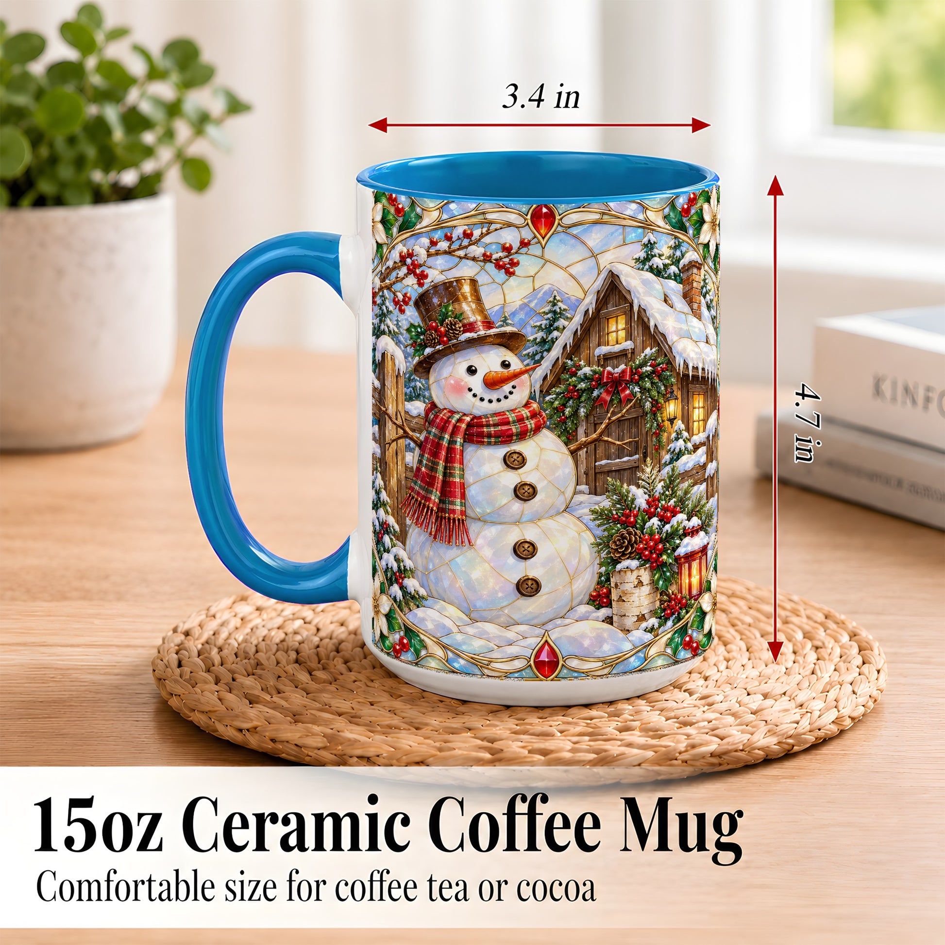 #pl[15oz|Blue] Stained Glass Snowman Coffee Mug, Winter Cabin Mug, Ceramic Cup