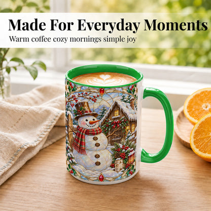 #pl[15oz|Green] Stained Glass Snowman Coffee Mug, Winter Cabin Mug, Ceramic Cup