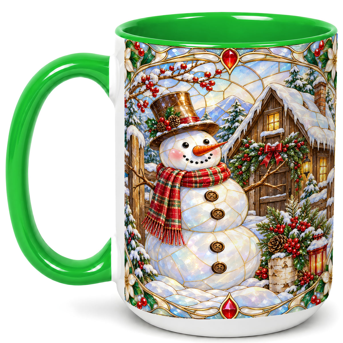 #pl[15oz|Green] Stained Glass Snowman Coffee Mug, Winter Cabin Mug, Ceramic Cup