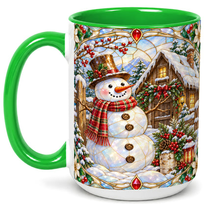 #pl[15oz|Green] Stained Glass Snowman Coffee Mug, Winter Cabin Mug, Ceramic Cup