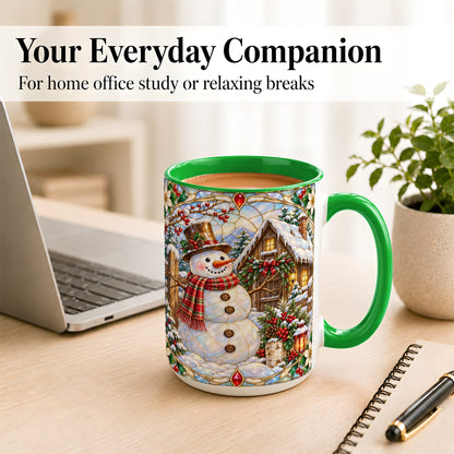 #pl[15oz|Green] Stained Glass Snowman Coffee Mug, Winter Cabin Mug, Ceramic Cup