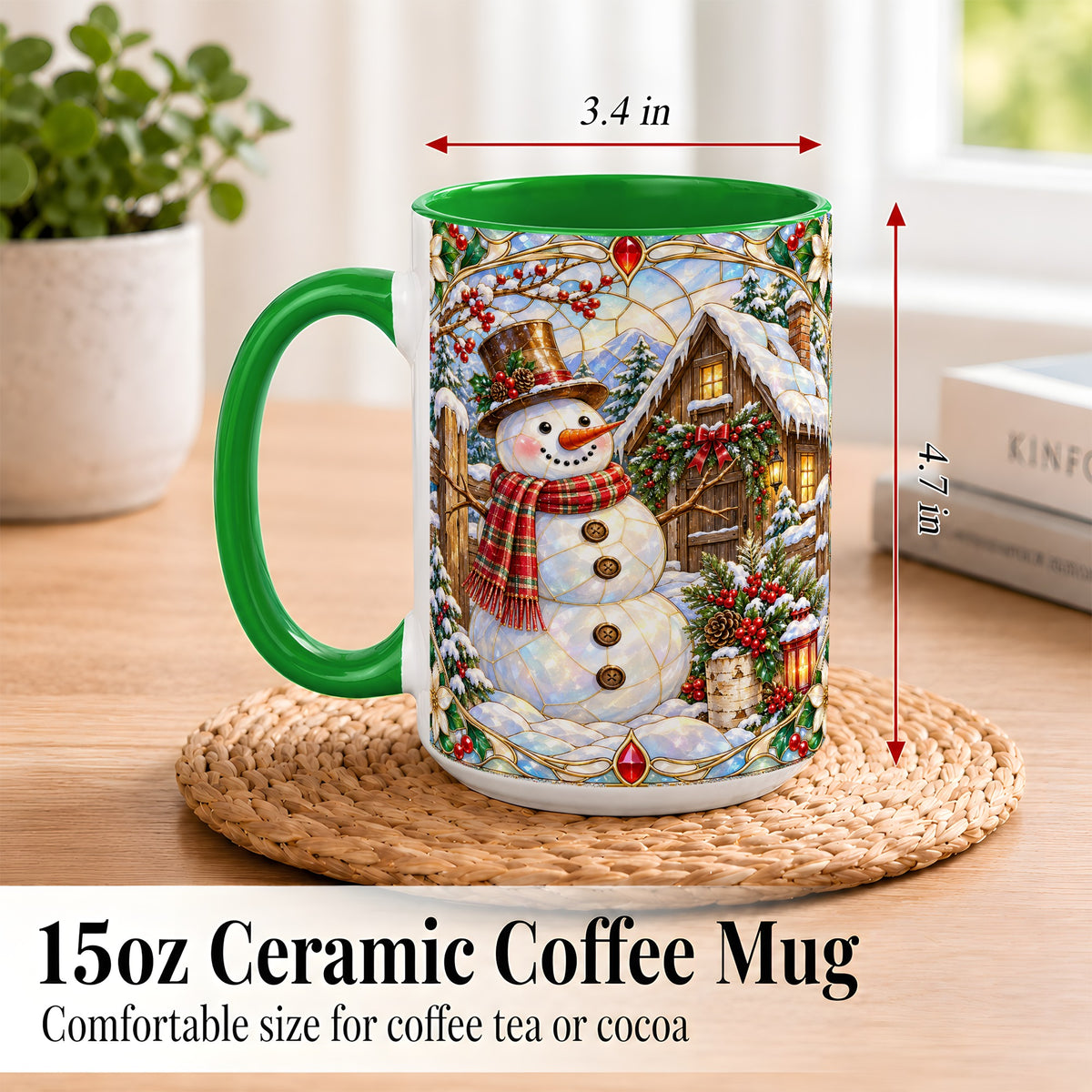 #pl[15oz|Green] Stained Glass Snowman Coffee Mug, Winter Cabin Mug, Ceramic Cup