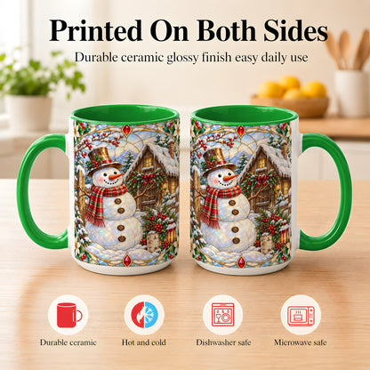 #pl[15oz|Green] Stained Glass Snowman Coffee Mug, Winter Cabin Mug, Ceramic Cup