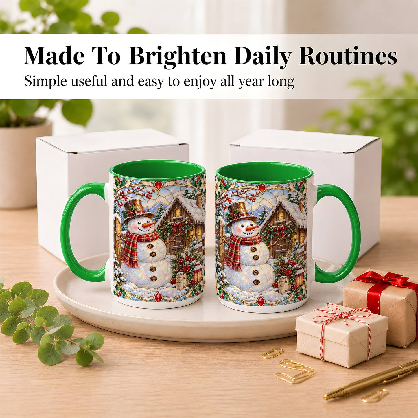 #pl[15oz|Green] Stained Glass Snowman Coffee Mug, Winter Cabin Mug, Ceramic Cup