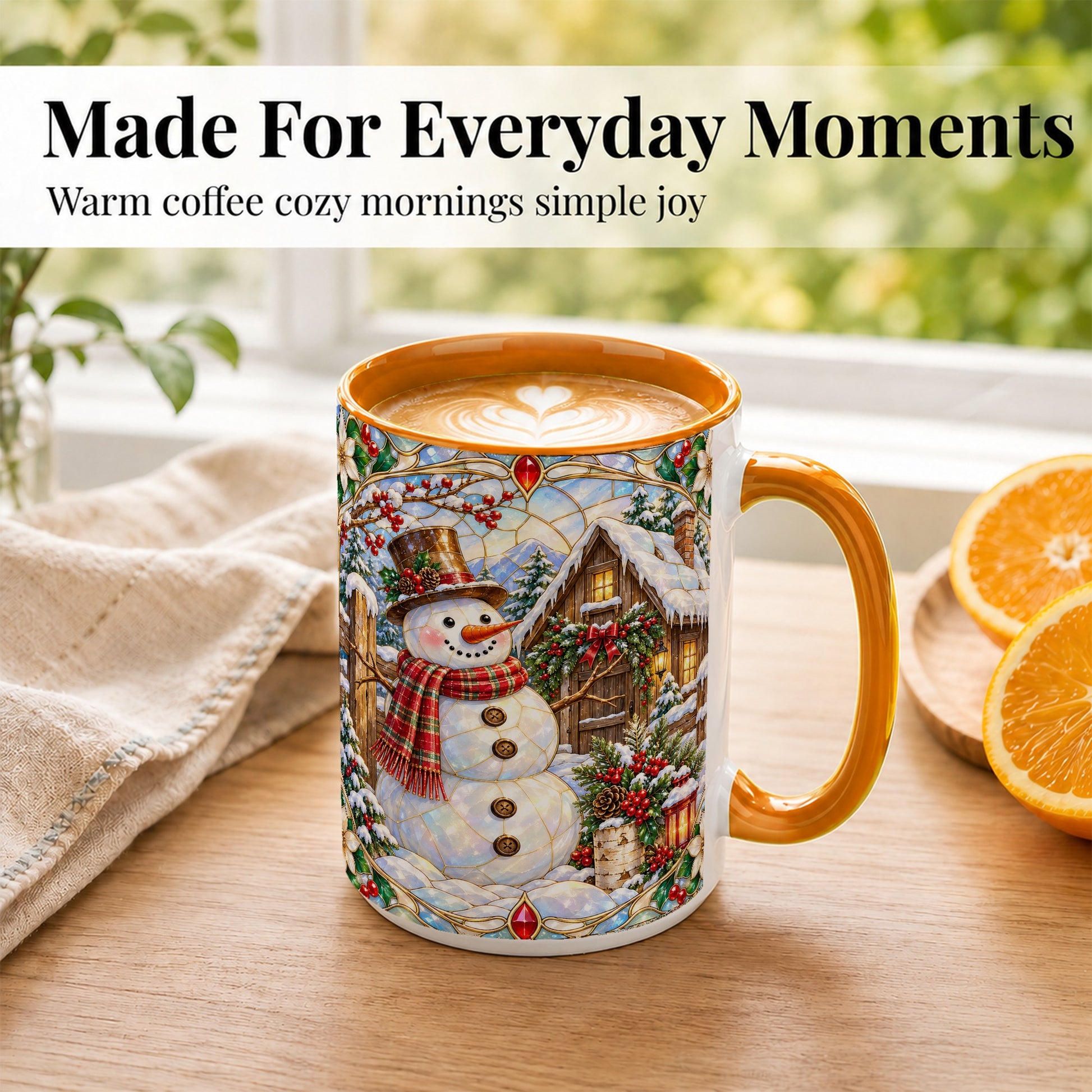 #pl[15oz|Orange] Stained Glass Snowman Coffee Mug, Winter Cabin Mug, Ceramic Cup