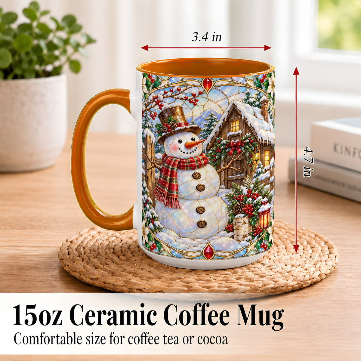 #pl[15oz|Orange] Stained Glass Snowman Coffee Mug, Winter Cabin Mug, Ceramic Cup