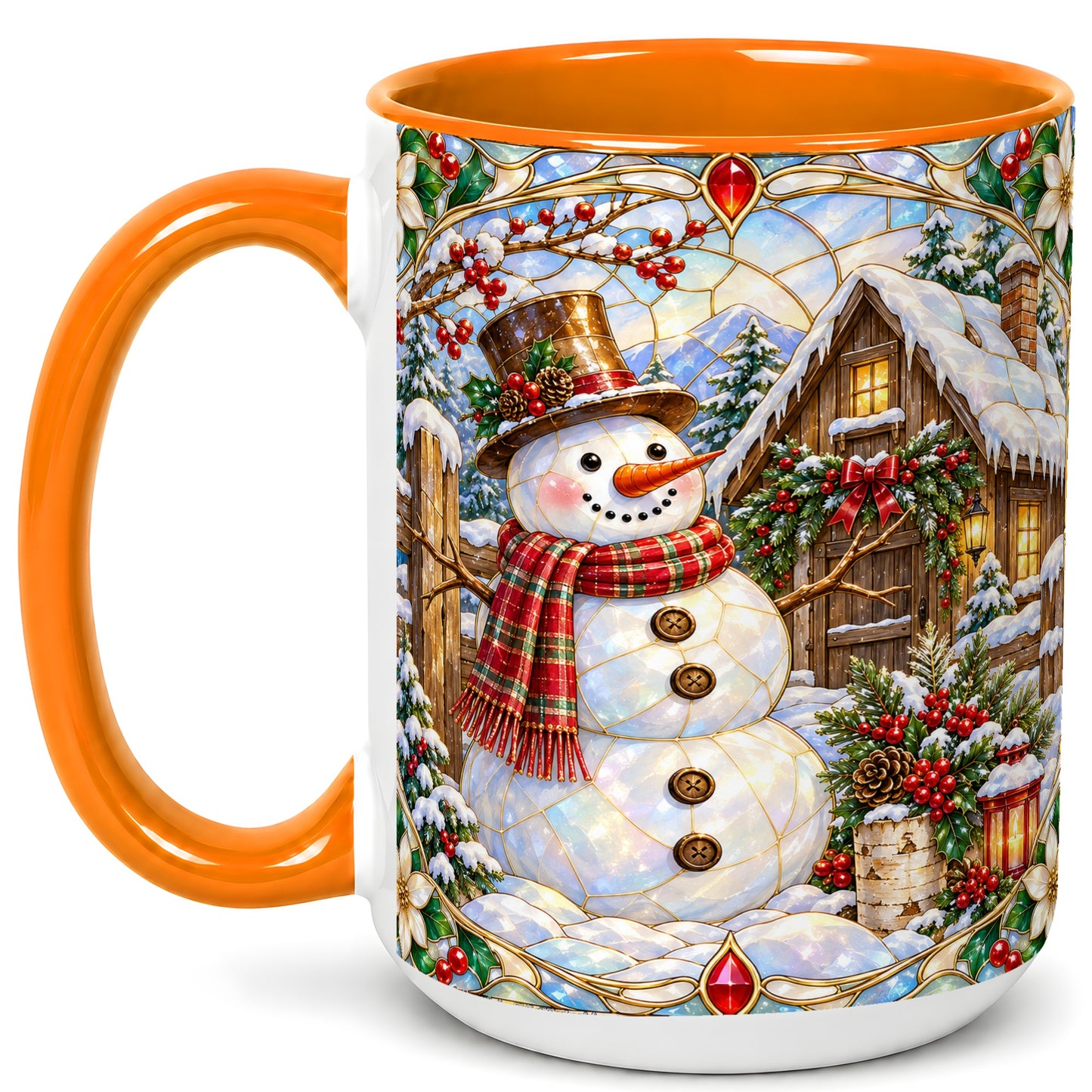 #pl[15oz|Orange] Stained Glass Snowman Coffee Mug, Winter Cabin Mug, Ceramic Cup
