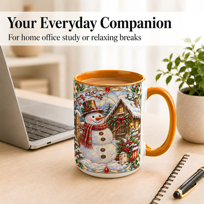 #pl[15oz|Orange] Stained Glass Snowman Coffee Mug, Winter Cabin Mug, Ceramic Cup
