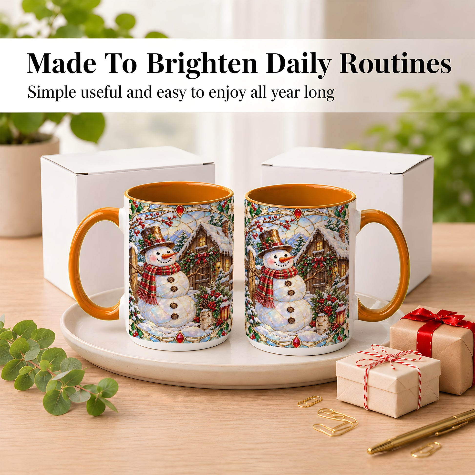 #pl[15oz|Orange] Stained Glass Snowman Coffee Mug, Winter Cabin Mug, Ceramic Cup